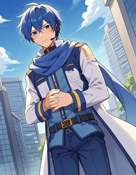 score_9, score_8_up, score_7_up, source_anime, <lora:vocaloid-kaito-ponyxl-lora-nochekaiser:1>, kaito, kaito (vocaloid), blue eyes, blue hair, male focus,, belt, blue pants, blue scarf, blue shirt, coat, headset, microphone, pants, scarf, see-through clothes, zipper, military base, soldiers, secure, buildings, training, , hand on stomach, blush,, looking at viewer, solo,, dutch angle, cowboy shot