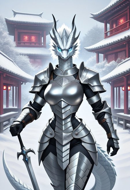 animal christmas, solo, no humans, A female dragon, (heroic pose, from front:1.2), looking at viewer, serious, dragon head, dragon face, (detailed eyes, bright pupils, glowing eyes:1.2), oval shaped face, fur hair, white hair, dragon scales, (full armor, full snows armor, armored, snows  shoulder armor, breastplate, holding snows  sword), (armor made of snows, scales armor:1.15), large breasts, narrow waist, wide hips, dragon tail, outdoors, east asian architecture, falling snows , winter, set in the ancient china, in a secluded temple, hidden in the mountains, with winding paths, stunning views, masterpiece, best quality,