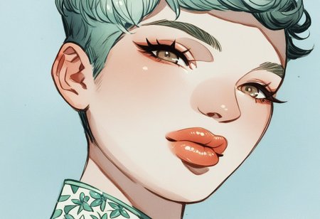 score_9, score_8_up, score_7_up, score_6_up, rating_questionable, watercolor painting close-up portrait of Chinese girl, 1girl, light green Cheongsam floral dress,short hair, pixie cut, black hair, navy blue gradient hair, light brown eyes, crystal clear eyes, beautiful lips, HD32k, posing, dynamic pose, indoor, photo studio, shy look