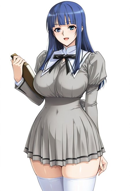 score_9,score_8_up,score_7_up,source_anime,5_figner,2d_animation,game cg,BREKE,1girl,solo,
Fuutou Shizune,long hair,blue eyes,  blue hair,blunt bangs,large breasts,saggy breasts,
school uniform,long sleeves,shoes,white thighhighs,zettai ryouiki,neck ribbon,pleated skirt,juliet sleeves,light gray dress,hold on textbook,
smile,cowboyshot,openmouth,
simple background,white background,
masterpiece,best qualit,ultra-detailed,illustration,an extremely delicate and beautiful,beautiful detailed eyes,unity 8k wallpaper,high resolution,anime CG,official_art,Erotic_style, uncensored, anime_coloring, anime_screencap,