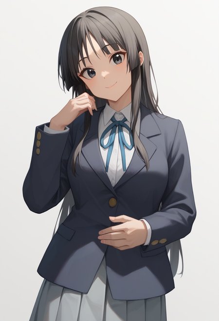 score_9,score_8_up,score_7_up,<lora:akiyama_mio_pony:1>,akiyama_mio, blue_ribbon, grey_skirt, simple_background, pleated_skirt, 1girl, winter_uniform, black_jacket, closed_mouth, long_sleeves, white_background, head_tilt, open_jacket, sidelocks, smile, collared_shirt, neck_ribbon, white_shirt, looking_at_viewer, solo, sakuragaoka_high_school_uniform, blazer,