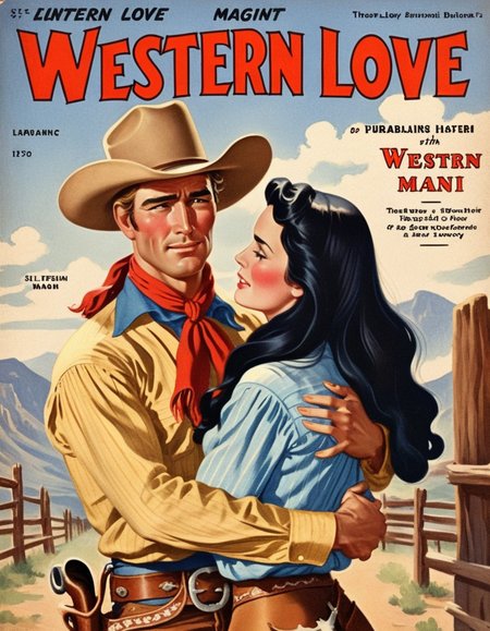 hud_plp_mag, (english text title, "WESTERN LOVE"), woman with long black hair embracing a cowboy man, love, retro artstyle, magazine cover, parody, <lora:pulp_mag_xl:0.6>,