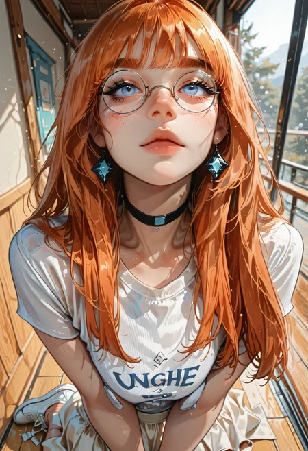 masterpiece, absurdres,amazing quality, best quality, extremely detailed, 1girl, solo,white button shirt, orange hair, hime cut, long hair, blue eyes, freckles, large breasts, choker, white skirt, round glasses, earrings, thick eyebrows, eyelashes, white shoes, perspective, depth of field, sagging breasts,
<lora:DetailedEyes_V3:1> <lora:USNR_STYLE_ILL_V1_lokr3:0.45> usnr <lora:ponyv6_noobV1_2_adamW:0.9> <lora:GENESIS_MK0.2:0.5>  <lora:KoreanStyleSDXLvpred10:1> AiKoreanStyle, lips, korean, asian <lora:KRGRL-IL:1>