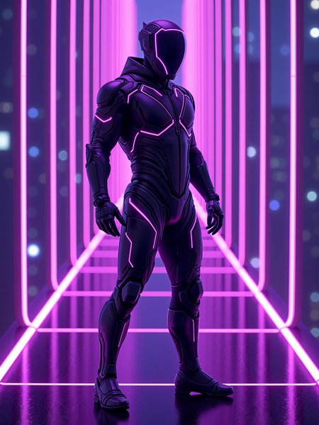 mad-cyberspace, man wearing futuristic bodysuit, dynamic pose, purple glowing outlines, purple coloring, grid, cyberpunk, cityscape, photorealistic  <lora:Neon_Cyberpunk_Cyberspace_FLUX:0.6>