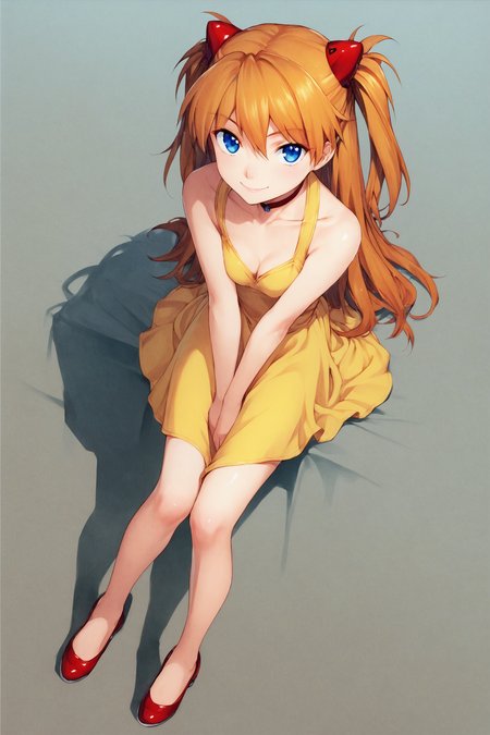 score_9,score_8_up,score_7_up,masterpiece,best quality,
1girl,souryuu asuka langley,yellow dress,dress,solo,shadow,long hair,blue eyes,breasts,gradient,orange hair,gradient background,smile,choker,sitting,shoes,bangs,full body,cleavage,looking at viewer,small breasts,bare shoulders,from above,two side up,yellow background,v arms,light smile,sleeveless,hair ornament,closed mouth,sleeveless dress,traditional media,
<lora:Koume Keito_XL_PONY:0.9>,