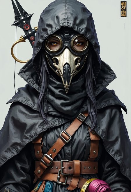 yfg-sm0rg cyberpunk, anime, 1 crow female, Black Nokizaru (Ninja/Witch), plague doctor mask (black, shiny, hard), cloak of shadows, Scissors of the Norns (Athame, jagged, ancient, cruel, large scissors), familiar (large black crow wearing a bone mask), goggles, bandolier of thread (various colors), leather jerkin (many pockets, small scissors, measuring tape), tailoring gloves, merchants outfit, 
Through the union of stealth and witch magic, a unique brand of assassin has emerged from the dark of night. Ritualistically bonded to a spirit that is sealed within a mystical blade, black nokizaru combine ki and dark magicks to silence her foes and inflict deadly wounds with disturbing precision. These enigmatic assailants are a force to be reckoned with, for those they fail to slay are often left with cruel curses and horrific wounds. stealthy, sharp shadows, web of threads, assassin disguised as a seamstress, mysterious, deadly,