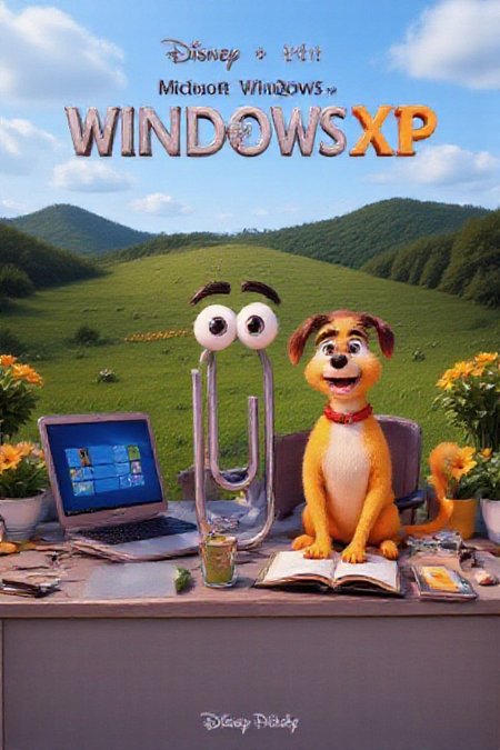 (masterpiece, absurdres, best quality,) perfection style, mvpstr, Epic Movie Poster for a 3-D animated Disney-Pixar movie titled "Microsoft Windows XP", "Microsoft" is in black lettering, "Windows" is in silver lettering, "XP" is in orange lettering, clippy, a paperclip with big eyes at the center, looking up, next to a dog with his tongue out yellow fur red collar and long floppy ears sitting and holding a open book, behind laptop, in front of the Bliss background, green hill, clouds, yellow flowers, no humans