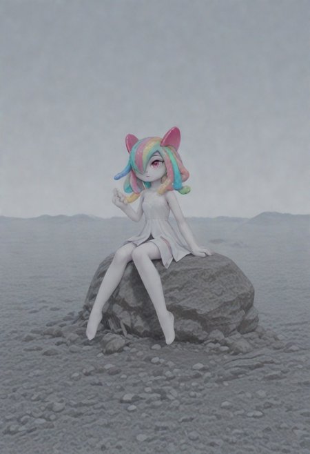(((Kirlia))), female, anthro,(( pale white skin)), perfect quality, high quality, masterpiece, ambient occlusion, raytracing, 1girl, solo, kirlia sitting on rock outside, gummy worm hair, gradient hair, multicolored hair, snake hair, snake_hair, worm on a string hair, fluffy, multicolored hair,   <lora:SankeHairILL:0.75> easynegative, Gumdusa, ((gummy worm hair))