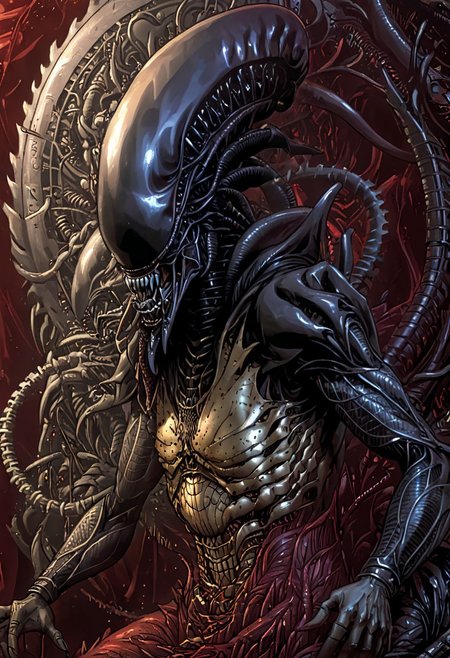 An insanely Detailed Divine Xenomorph, Golden and silver in color, cyberpunk, a crimson tinge to the golden color, Hyperdetailed, Omnipresent, Beautiful, Sinister overtones, otherworldly,