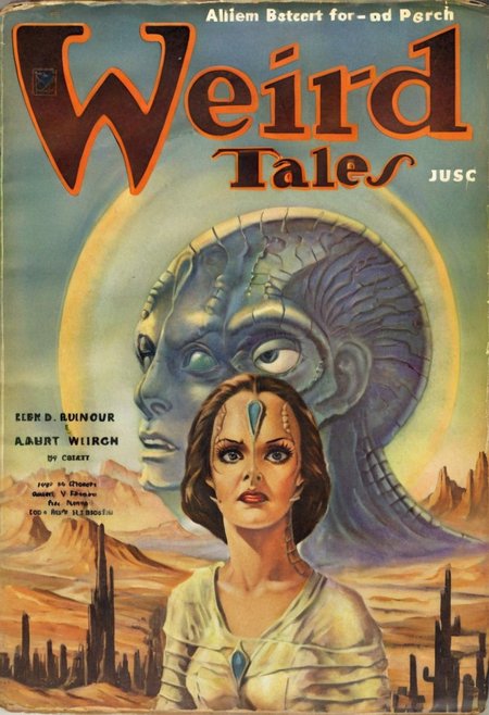 Weird Tales pulp magazine cover,
female c4rd45514n alien, forehead crest, grey skin, ridges, scales, standing on a desert planet with a retro futuristic city far in the background