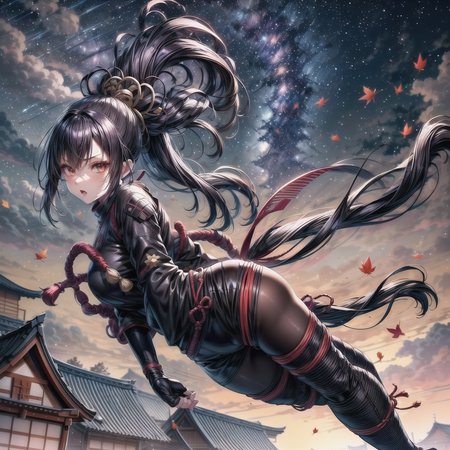 kunoichi, ((damaged clothes)), long black hair in a ponytail, beautiful face, night sky, ((twisting body action shot)), full body Japanese village, autumn, falling leave, vibrant colors, twinkling stars, intricate detail, (extremely complex:1 2), (sharp focus, realistic:1.3) <lora:more_details:1>