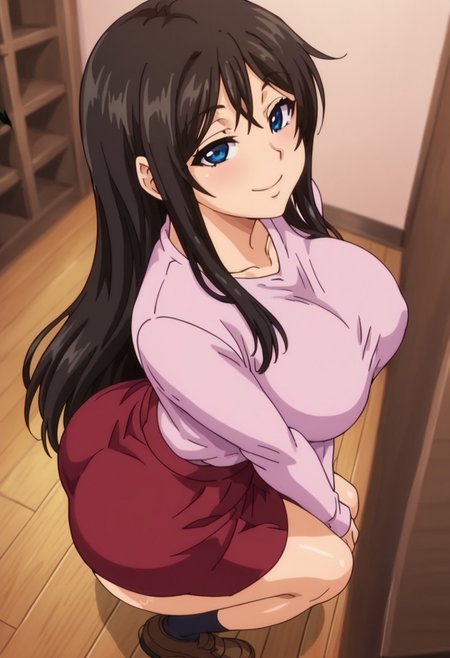 score_9,score_8_up,score_7_up,score_6_up,score_5_up,score_4_up,1girl,  <lora:Keiko_Mitarai_Fella_Pure_Mitarashi-san_Chi_no_Jijou:0.9>Keiko Mitarai, pink shirt, short red skirt, black hair, long hair, big breasts, blue eyes, big butt, looking at viewer, smile, from above, look up, anime screencap, full body, indoors
