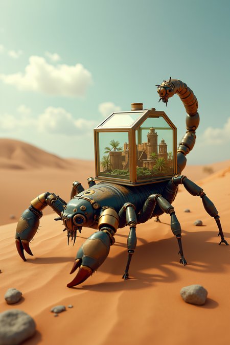 national geographic photography of a scorpion crawling over a desert, he transport a glass terrarium with a miniture city on his belly, realistic, mechanical vegetal cyborg, futuristic robot organisms, steampunk robot ariel animals, steampunk animal, dangerous atmosphere
