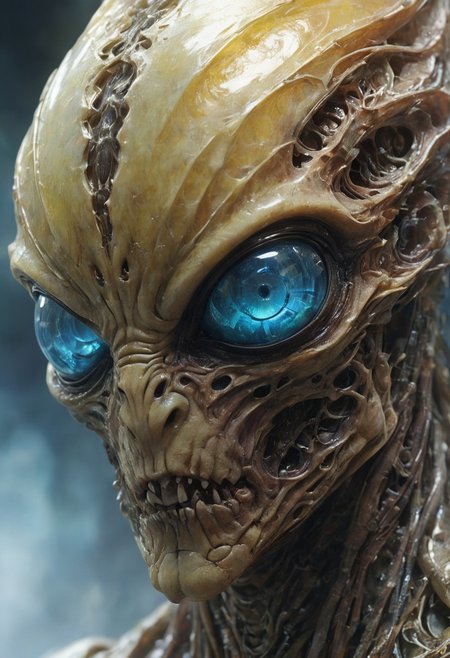 An angry colored translucent artialien, rage, (translucent head:1.6), 
hyperdetailed realistic illustration, intricately detailed, highest quality, 
BREAK, stylized photo, ultra level of detail and precision in the art, masterpiece, mixed media, intense mood, detailed shading, 
subsurface scattering, light leaks, soft shadows, film grain, Dutch angle, narrow DoF, cinematic composition, mystic haze, dusty atmosphere, close-up, very detailed skin and scares, HDR, RAW photograph