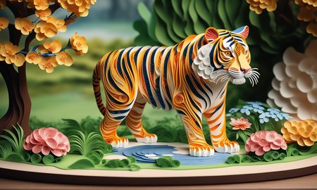 Paper quilling art of <lora:papercarvingcd_xl-000005:0.6>,a handmade sculpture of a tiger made of papercarvingcd_xl in office scene,full body,scenery,tree,river,stone,lawn,miniature,tilt-shift,indoors,chinese zodiac,wooden table,cutie,cute,still life,animal statue,front view,facing viewer,looking at viewer,8K,HDR,UHD,masterpiece,best quality,highly detailed,high resolution,finely detail,extremely detailed,ultra detailed,wallpaper . Intricate, delicate, curling, rolling, shaping, coiling, loops, 3D, dimensional, ornamental