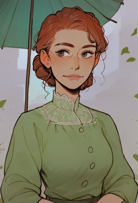 source_anime, score_9, score_8_up, score_7_up, 1girl, mature_female, solo, Pretending to hold a cute little umbrella, sideways, (Emerald green tunic), red hair, portrait, rating_safe, <lora:sdxl\pony diffusion\artist_styles\incase_old_pony:1.0>