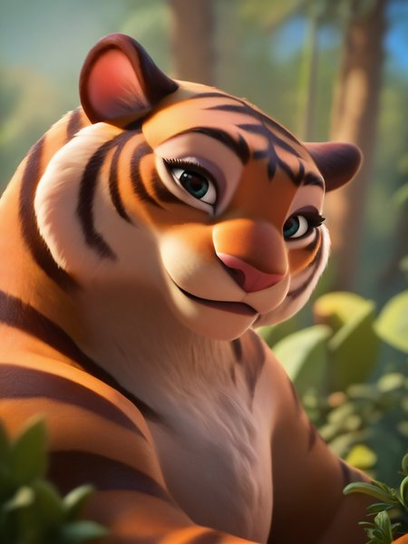 score_9, score_8_up, score_7_up, score_6_up, tiger sitting near to a tree, fur, jungle, a lot of vegetation, looking at looking at viewer, cute, cartoon, cowboy shot, dynamic angle,, no humans, animal,
 <lora:DisneyStudios_style:1> DisneyStyleXLP