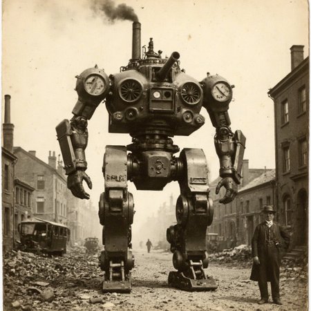 An aged worn sepia monochrome 1800s photograph of a steam powered mecha, turret with canon, walking robot, smokestacks up top, thick black smoke, walking through a war-damaged city,
