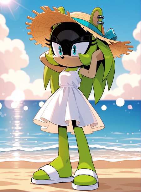 1girl, solo, full body, no humans,
<lora:Surge-the-Tenrec_v4:1> surge the tenrec, black face, aqua eyes, hair down, long hair,
straw hat, sun hat, soft features, white sundress, white sandals, no toes, blob feet,
beach, ocean, sea, sand, cloud, blue sky, romantic scene, bokeh, adjusting hair,, extremely detailed, highres, masterpiece, best quality