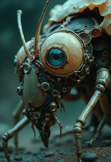 cinematic film still (microscopic photography:1.95) of an fantastical, insect-like creature with an intricate body and large, round eyes. The creature's body is composed of various materials, including what appears to be wood, metal, and fabric, which are intricately carved and arranged to resemble the texture of human skin. Its legs are long and slender, ending in sharp claws that give it a menacing appearance.
The creature's eyes are its most striking feature, with large, round pupils surrounded by intricate carvings that resemble the patterns found on human eyelids. The eyes themselves appear to be made of glass or crystal, giving them a smooth, reflective surface. The overall effect is one of eerie realism, as if the creature could come to life at any moment.
b10t4c34an, iridescent exoskeleton
 . shallow depth of field, vignette, highly detailed, high budget, bokeh, cinemascope, moody, epic, gorgeous, film grain, grainy