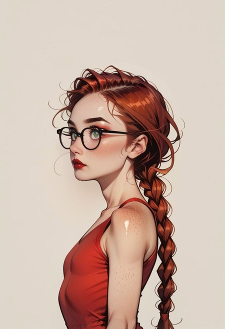 score_9, score_8_up, score_7_up, source_anime, masterpiece, 1girl, 18 years old, auburn hair, long braided hair with red ribbon intertwined, green eyes, petite, freckles, freckled shoulders, heavily freckled face, gorgeous, stunningly beautiful, skinny body, small, short, glasses, tiny nose, tiny body, cute, sexy, delicate nose, high cheek bones, round face, very small breasts, small ass, blush, dark eyeshadow, dark eyeliner, makeup, red lips, narrow waist, red painted nails, b4ll3rina, shiny leotard, stretching