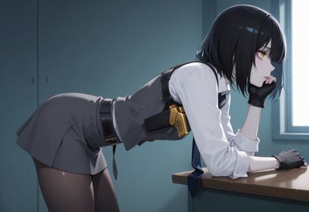absurdres, masterpiece, best quality, very aesthetic, HDR, 8K, ultra-detailed, anime, 748cmstyle, bent over, side view, 
1girl, MarigoldFO, solo, black hair, heterochromia, short hair, yellow eyes, makeup, pale skin, necktie, dark grey vest, white shirt, fingerless gloves, black gloves,  belt, dark grey skirt, pantyhose, shoulder holster, holstered weapon, skindentation, shiny skin, (skinny),