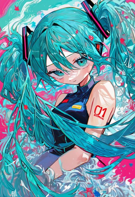 score_9, score_8_up, score_7_up, score_6_up,
high detail,masterpiece,best quality ,abstract,meu_xl, 
1girl,hatsune miku,absurdly long hair,aqua hair,twintails,hair ornament,sidelocks,hair between eyes,parted bangs,aqua eyes