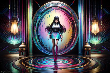 highly insanely detailed, masterpiece, top quality, best quality, highres, 4k, 8k, RAW photo, (very aesthetic, beautiful and aesthetic),  
(code_style,codestyle),(sympattern,geometric pattern:1.4),doodle pattern,geometric pattern wallpaper,symbolic patterns, 
<lora:CodeStyle (half generic class)_564920:0.5>, 
(1girl:1.3), 1other, 
Capsule hotel,indoors,scenery,hallway,light,glasses,a colorful background,(colored mosaic background,EPtiedyeworld,tie-dye color background),âââ