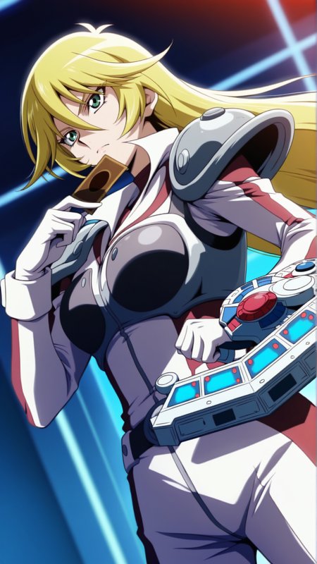 source_anime, general, best quality, masterpiece, 1girl,  <lora:sherry_leblanc_ill_v1.1:1>sherry_leblanc\(yu-gi-oh!\),green eyes,blonde hair, hair between eyes, long hair,white pilot suit, shoulder armor ,cowboy shot, dynamic pose, dutch angle, serious, duel disk, holding card,