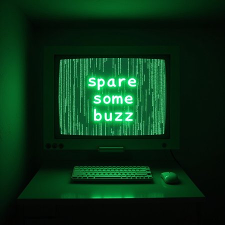 The screen in a futuristic basement, that might be a hideout of some undercover operations. On the screen there are green letters and signs falling from top to bottom, indicating that the computer is connected to The Matrix. Some of the laters group in the middle of the screen formulating text "spare some buzz"