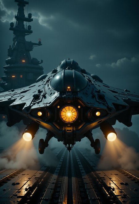 in the style of cksx, ckspaceship, silhouette art, chiascuro, a futuristic, highly advanced fighter plane taking off from an aircraft carrier at night. The plane is made of a dark gunmetal alloy with rivets, bolts, glowing LEDs and diodes, and has large guns mounted on the exterior; the cockpit shows glowing led lights, and has a large air intake