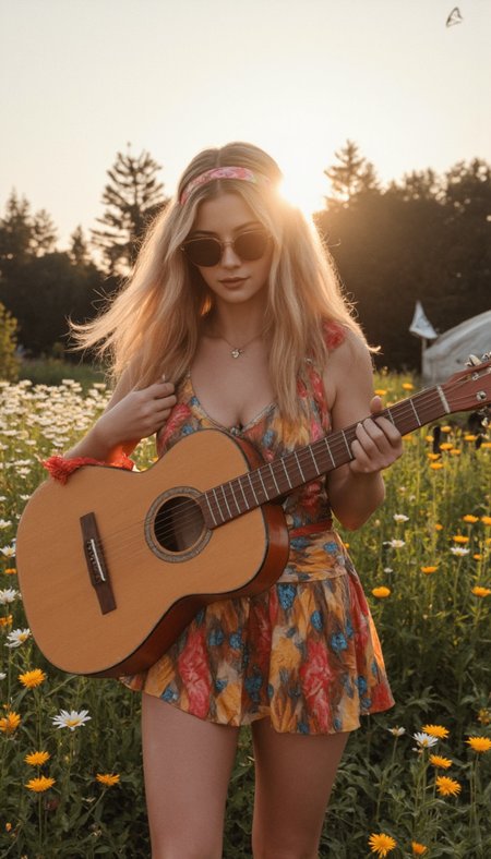 Generate a photorealistic image of a 1960s hippie girl taken with a camera made in that era. 

She has long, flowing rose gold hair with A delicate headband adorned with a single, long feather that gracefully trails down her back. The feather is soft and airy, with subtle hints of Burnt Orange shimmering within.. 

She wears a cotton mini skirt with flaming colors and fascinating patterns. She is wearing a peace sign necklace.She is wearing round sunglasses with brightly colored lenses.

She is playing an acoustic guitar, surrounded by daisies and butterflies. The sun is setting behind her, casting a warm glow on the scene.

She has realistic skin that is not flawless. She has Glowing ruby eyes. She has a fleshy nose. She has a fleshy chin. She has a humongous Slender breasts. She has natural unshaven body hair.  She has not recently showered, her skin may be a little bit dirty. She wears little make-up except for her lip gloss.  She has unpainted fingernails