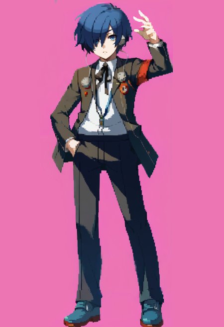 score_9, score_8_up, score_7_up, source_anime, BREAK, solo, 1boy, <lora:Dengeki_Bunko-pdxl_Fp:1>, simple background, full body, standing, <lora:MakotoP3-pdxl_Fp:1>, makotop3, school uniform, gekkoukan high school uniform, headphones, blue hair, blue eyes, short short hair, black jacket, black pants, hair over one eye, hand in pocket, looking at viewer, blue footwear, ribbon,