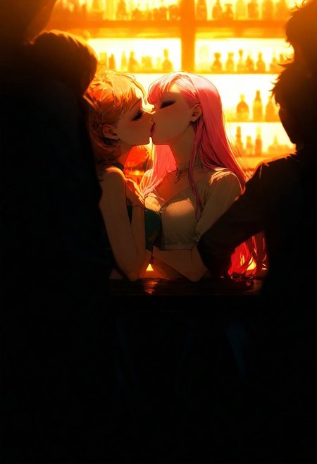 score_9, score_8_up, score_7_up, score_6_up, very aesthetic, masterpiece, best quality, highres, absurdres, cinematic lighting, dynamic angle, detailed, intricate details, perfection,
BREAK,
(2 girls kissing), french kiss, 24yo, beautiful face, full lips, long colored hair, makeup, eyeliner, mascara, medium breasts,
BREAK,
short skirt, crop top, 
in a crowded bar, people in the background,