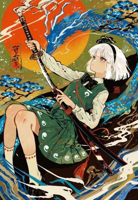 source_anime, high res image, masterpiece, perfect quality, best quality, newest, absurdres, scenic, highres, ultra detailed face, detailed eyes, accurate anatomy,
sdxl_lightning_4step_lora_rank1,
HDR,
1girl, konpaku youmu, solo, white hair, short hair, blunt bangs, blue eyes,
hairband, hair ribbon, black ribbon, black bowtie, white shirt, collared shirt, green vest, green skirt, socks,
katana, (detailed katana:1.2), drawing a katana, unsheathing a katana, electric, ghost,
sun, shadows, blue flowers, blue cherry blossom, blue cherry blossom tree,
vivid colors, high contrast, 
(an abstract dragon in background:1.2)
Dutch angle shot, close up