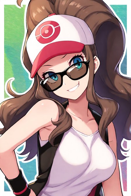 masterpiece, best quality, absurdres, medium breasts, (curvy), cute, eyelashes,      vivid colors,   BREAK,  (sunglasses:1), smug, sirmont, zzHilda, long hair, high ponytail, sidelocks, hat, collarbone, white shirt, black vest, sleeveless, wristband,  BREAK,  smile, looking at viewer, upper body, head tilt, narrow waist, abstract background, white outline,  <lora:HildaPokemonIXL_e08:1.0>,