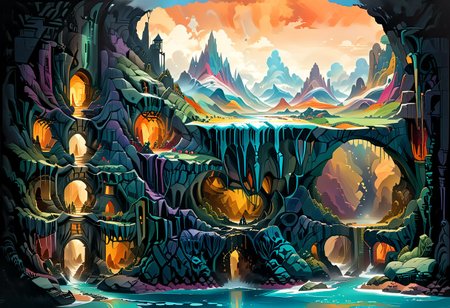 a fantasy temple sits on top of a (cross section of surreal geological biome chart with concentric layers of colourful strata forming a surreal tiered geological formation whith an colourful strata:1.1), underground tunnel network, swirling clouds, pools of water, on dark paper, by peter mohrbacher, tarmo juhola, ivan laliashvili, james gurney, moebius, roger dean vibrant, beautiful, translucent, intricate, detailed many details, extreme detailed, full of details, Wide range of colors., Dramatic, Dynamic, Cinematic, Sharp details Insane quality. Insane resolution. Insane details. Masterpiece. 32k resolution. vintagemap_f, csu, underground, cross-section, from side