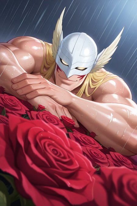 realistic shading, natural lighting, looking at viewer, expressive happy face, male with blank eyes focus, expressive cute happy face, gerardblch, blonde_gerardblch_long hair, white-yellow_gerardblch_winged helmet, yellow_gerardblch_glowing eyes, black_gerardblch_vine-leaf circlet, red_gerardblch_facepaint, 1boy, closed mouth smile, shiny skin, wet, lying on roses, close-up, intimatepov, beauty shot, rosebed, raining, waterdroplet, petals, surreal, symbolic background, shadow, foreshortening, dutch angle, dynamic angle, dynamic action, intricately detailed illustration, cinematic, depth of field, atmospheric perspective, masterpiece, best quality, amazing quality, very aesthetic, absurdres, newest, anime screencap