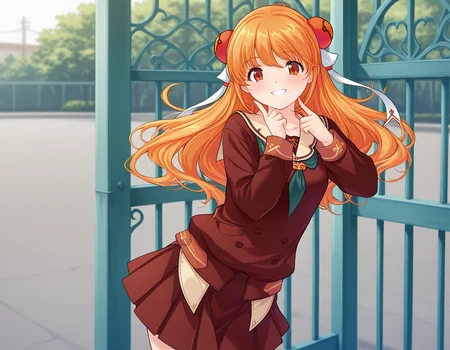 <lora:IL_manaval:1>,1girl,solo,ums_mn,Manana \(alicesoft\),bun cover,
vibrant school uniform,red and orange,outdoors,School gate,cowboy shot,finger to cheek,leaning to the side,smile,teeth showing,, <lora:wai-A3-V140:1>,, masterpiece,best quality,amazing quality,very aesthetic,absurdres,