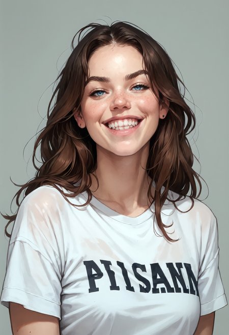 score_9, score_8_up, score_7_up, woman, long hair, t-shirt, grin, upper body <lora:pony_millyalc:0.9>