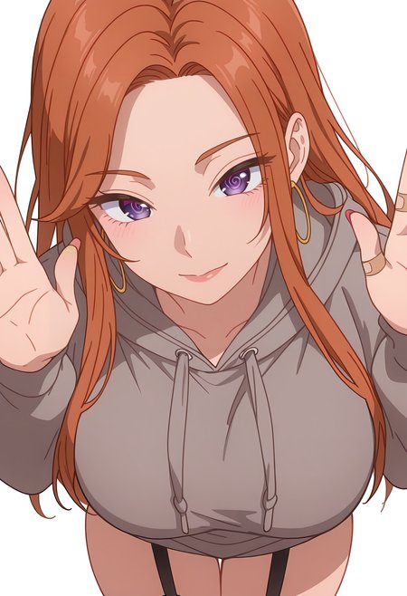 Smooth Quality,masterpiece,beautiful aesthetic, very intricate, high quality details, ultra realistic, high detailed skin,
simple background, white background,
from above,vulcan salute,@ @,
garter straps, ,zip-up hoodie, ,Bandaid on hand, <lora:Fuyuki_Maicnn:0.8> mai/cnn, 1girl, long hair, purple eyes, jewelry, hoop earrings, brown hair, orange hair, large breasts,