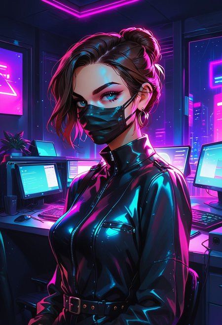 score_9, score_9, score_8, score_7, score_6_up, synthwave, interior, office, night, computers, desks, chairs
1girl, brunette, fit, hair bun,
assassin, 
leather jumpsuit, facemask