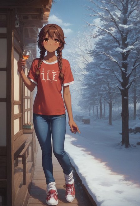 score_9, score_8_up, score_7_up, 1girl, solo, Mexican, brown hair, brown eyes, dark skin, detailed eyes, long hair, braids, pigtails, hair ties, T-shirt, blue jeans, sneakers, different socks, standing on porch, postmodern house, glass, snow, tree, next to kyo_sohma