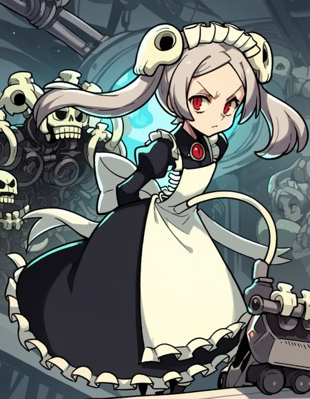 score_9, score_8_up, score_7_up, source_anime, <lora:skullgirls-marie-ingame-ponyxl-lora-nochekaiser:1>, marie, hair ornament, red eyes, twintails, skull, skull hair ornament, grey hair, forehead,, apron, maid, maid headdress, long sleeves, wrist cuffs,, factory, machines, workers, assembly, production, , hands behind back, bent over,, looking at viewer, solo,, dutch angle, cowboy shot