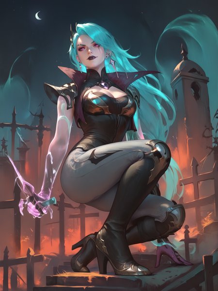 score_9, score_8_up, score_7_up, BREAK, KatarinaDS, turquoise hair, hairpin, scar on eye, black lips, purple eyes, high collar, black corset, one glowing ghost hand, one glove, glowing daggers, gray pants, black boots, graveyard background, fogy night, wodeipoi, sitting, squatting, evil smirk, arrogance, from below view <lora:KatarinaDS:1>   <lora:wodeipoi:1>