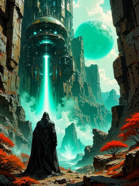 famous science fiction artwork, inspired by roger dean and stephan martiniere, absurdres, ultra-high-resolution, epic and otherworldly, sci-fi fantasy digital painting, high cinematic aesthetic, a mysterious figure draped in a dark cloak stands in the foreground, facing away from the viewer, the cloak is textured with intricate subtle patterns, the figureâs posture is calm yet powerful, suggesting a sense of purpose and awe, the background reveals a breathtaking futuristic cityscape suspended between towering cliffs, the city is composed of massive hovering structures with intricate mechanical designs, circular bases and spire-like extensions, some floating, others anchored to the cliffs, illuminated by vibrant internal lights, a giant beam of blue energy descends from one of the hovering structures toward the ground, creating a visual focal point, the surrounding environment is a lush alien canyon with rocky terrain and vibrant vegetation, clusters of stylized alien trees with bright red-orange foliage dot the landscape, the rocky cliffs are rugged, with angular surfaces and patches of vegetation clinging to their sides, above the city looms a massive blue-green planet, filling much of the sky, with faint cloud systems visible across its surface, smaller moons orbit in the distance, scattered clouds drift lazily through the atmosphere, enhancing the sense of vastness and grandeur, wide-angle shot with a slightly low perspective, emphasizing the towering scale of the structures and the figure's smallness against the monumental setting, dynamic composition leads the eye from the figure to the glowing city and up toward the colossal planet, lighting is dramatic yet clean, the ambient light is soft and cold, while the glowing structures and energy beam emit a vibrant cyan-blue radiance, creating high contrasts between warm natural elements and cool technological features, rendered with hyper-detailed digital painting techniques, polished textures, cinematic depth of field, fine-tuned color grading for enhanced vibrancy and atmospheric layering, teal, cyan, turquoise, vibrant red-orange foliage, deep blacks and dark grays for the figure's cloak and rocks, muted browns and earthy tones for canyon floor and cliffs, glowing white-blue highlights for energy sources and reflections, ovg, artilands02, arsmoviestill, 80s fantasy movie still, <lora:style-fantastic_landscapes-v2-flux-by_artifyai:0.76> <lora:style-luis_royo-flux-by_tosave:0.6>