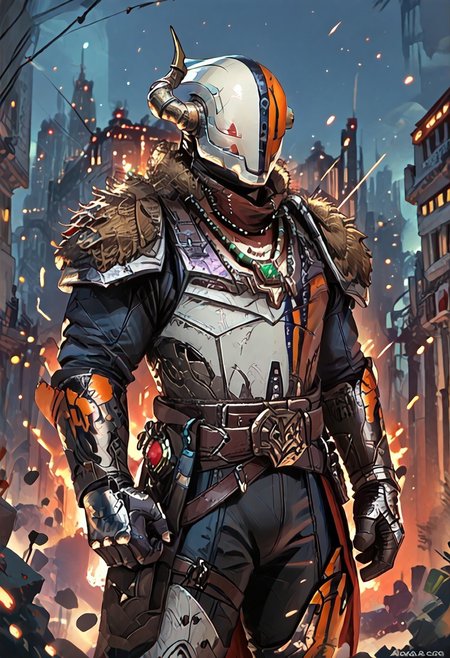 ((zPDXL3)), ((masterpiece,best quality, highly detailed)), ((score_9)), score_8_up, score_7_up, score_6_up, score_5_up, score_4_up, Digital painting style, brushstrokes, ((EnhanceImage)), solo, 1boy, lord_sh@xx, helmet, armor, pauldrons, belt, necklace, muscular,
Expressiveh, 30yo, 
chinese magical sorceress, animated, swirling magic, wisps of magic, magical accessories, evoking motion, conveying motion, dynamic splash art, ((handfixer)), four fingers, one thumb, detailed background, sci-fi city,
<lora:PainterlyFantasiaPDXL:0.6>,