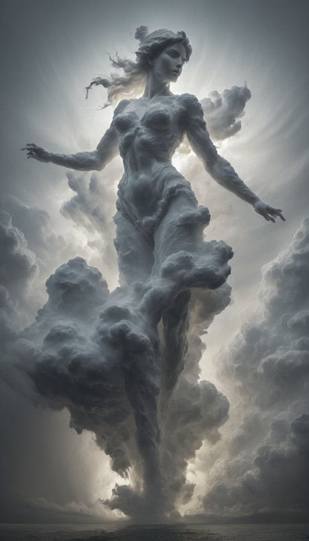 martius_storm,In a scene that evokes the grandeur of the Renaissance, the formidable storm unfolds in the sky, a tribute to Michelangelo's mastery of dramatic and dynamic environments. In the midst of this powerful tempest, the figure of the Stormweaver, Goddess Eirian, is portrayed with the sculptural precision and anatomical perfection characteristic of Michelangelo's work. Her form, reminiscent of the figures in the Sistine Chapel, displays a powerful grace, her muscles and drapery defined with the careful attention to detail and understanding of the human body that Michelangelo famously depicted in his sculptures like 'David' and 'Pieta.'

Eirian's attire, though ethereal and flowing, possesses a sense of weight and texture akin to the marble folds Michelangelo carved in his statues. Every fold of her gown, every movement she makes amidst the swirling clouds, echoes the artist's ability to capture both the strength and softness of the human form.

The descending mechanical artifacts, integrated into this Michelangelo-inspired tableau, are rendered with the same level of detail and realism. Their design is influenced by the intricate engineering sketches and studies from Michelangelo's notebooks, blending seamlessly with the mythological and classical theme.

This scene, a blend of Michelangelo's classical artistry with the mythical narrative of the Stormweaver, creates a powerful, timeless composition, filled with the dramatic tension and physical realism that defined Michelangelo's legacy, all captured in a high-resolution, cinematic frame