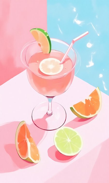 Acrylic painting of a glass with pink drink, big orange and green fruit slices on the table, pastel colors, minimalism, sun rays, birds eye view, pink background, blue shadows, pink light reflections, watercolor, soft, pastell palette, summer vibes