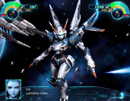 "0599", high quality, A strategic space combat scene within a mecha game interface, now featuring the whimsical Robot Girl in place of the traditional mecha. The playful yet determined expression of Robot Girl's animated avatar replaces the pilot's portrait. Her character, rendered with vivid detail and glowing accents on the game's HUD, stands ready for action, with high HP and energy levels underscoring her resilience. The backdrop of the serene expanse of space sets the stage for the impending futuristic battle, highlighting the contrast between whimsy and the serious nature of high-tech combat, <lora:rw4:0.7>  ,<lora:EnvyMechaGirlXL02:0.7>